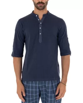 Camicia Uomo Casacca Morbida Serafino Bottoni Manica 3/4 Cotone Tinta Unita Blu GIOSAL-C2341A