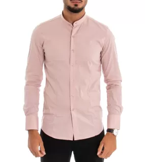 Camicia Uomo Collo Coreano Manica Lunga Slim Fit Basic Casual Cotone Rosa GIOSAL-C1817A