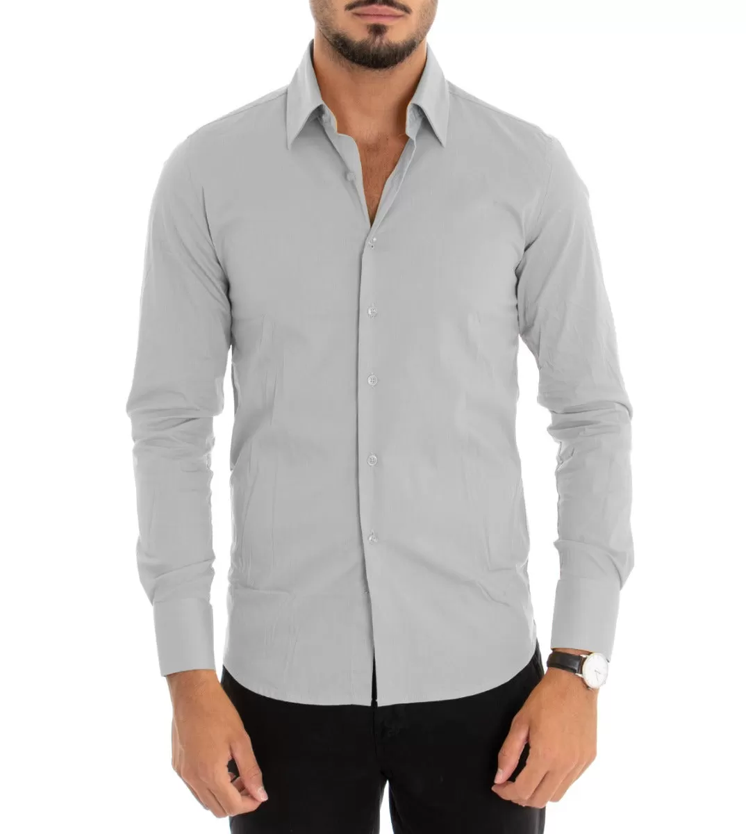 Camicia Uomo Con Colletto Manica Lunga Slim Fit Basic Casual Cotone Grigio GIOSAL-C1813A