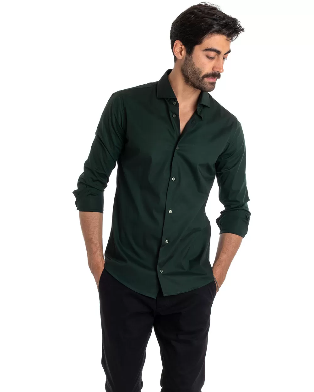 Camicia Uomo Sartoriale Con Colletto Manica Lunga Basic Cotone Morbido Verde Bottiglia Regular Fit GIOSAL-C2399A