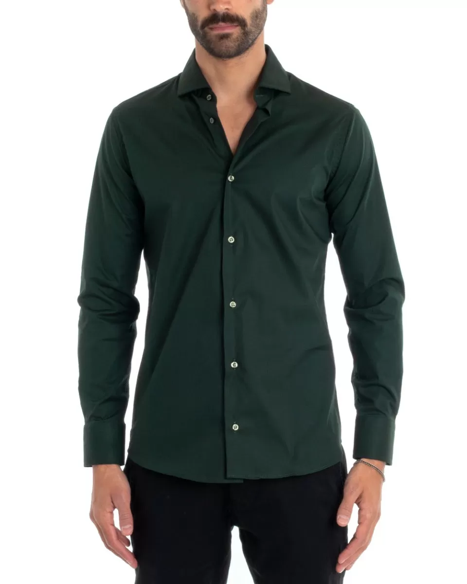 Camicia Uomo Sartoriale Con Colletto Manica Lunga Basic Cotone Morbido Verde Bottiglia Regular Fit GIOSAL-C2399A