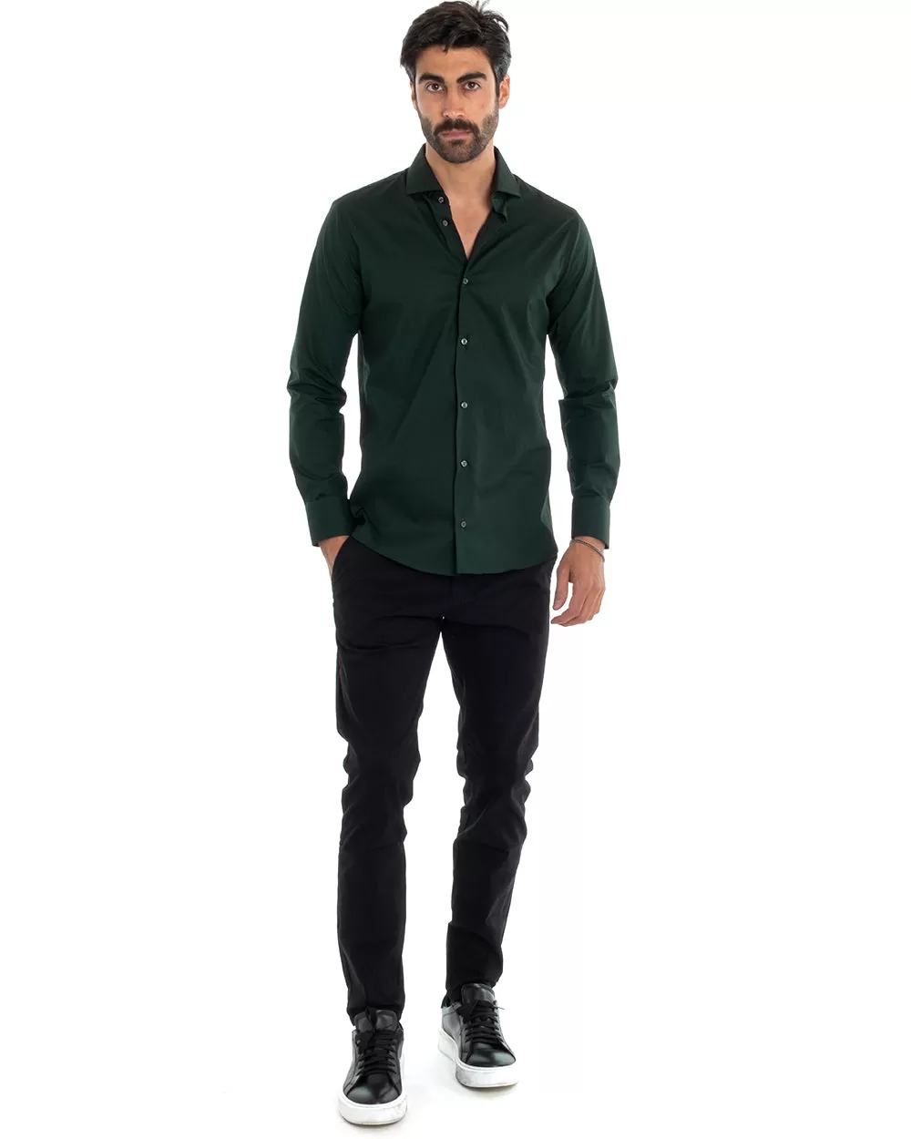 Camicia Uomo Sartoriale Con Colletto Manica Lunga Basic Cotone Morbido Verde Bottiglia Regular Fit GIOSAL-C2399A