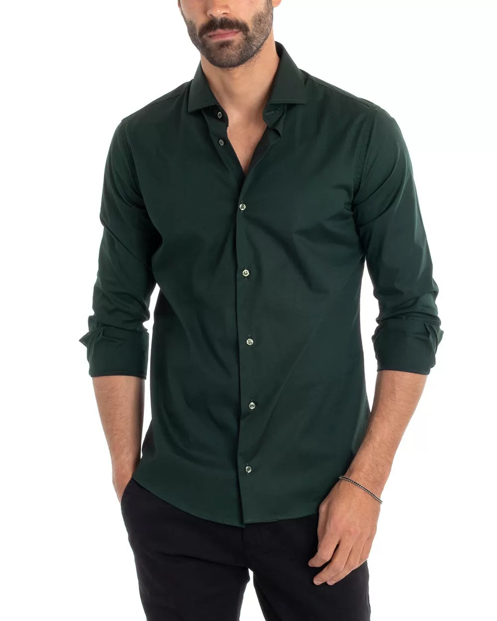 Camicia Uomo Sartoriale Con Colletto Manica Lunga Basic Cotone Morbido Verde Bottiglia Regular Fit GIOSAL-C2399A