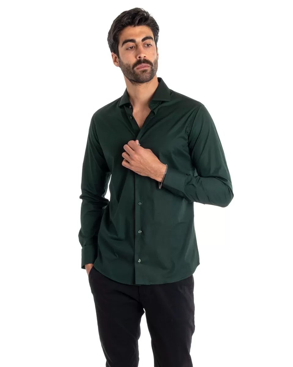 Camicia Uomo Sartoriale Con Colletto Manica Lunga Basic Cotone Morbido Verde Bottiglia Regular Fit GIOSAL-C2399A