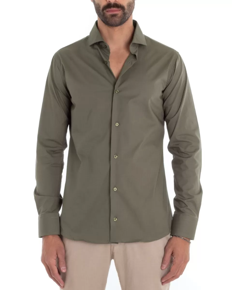 Camicia Uomo Sartoriale Con Colletto Manica Lunga Basic Cotone Morbido Verde Militare Regular Fit GIOSAL-C2401A