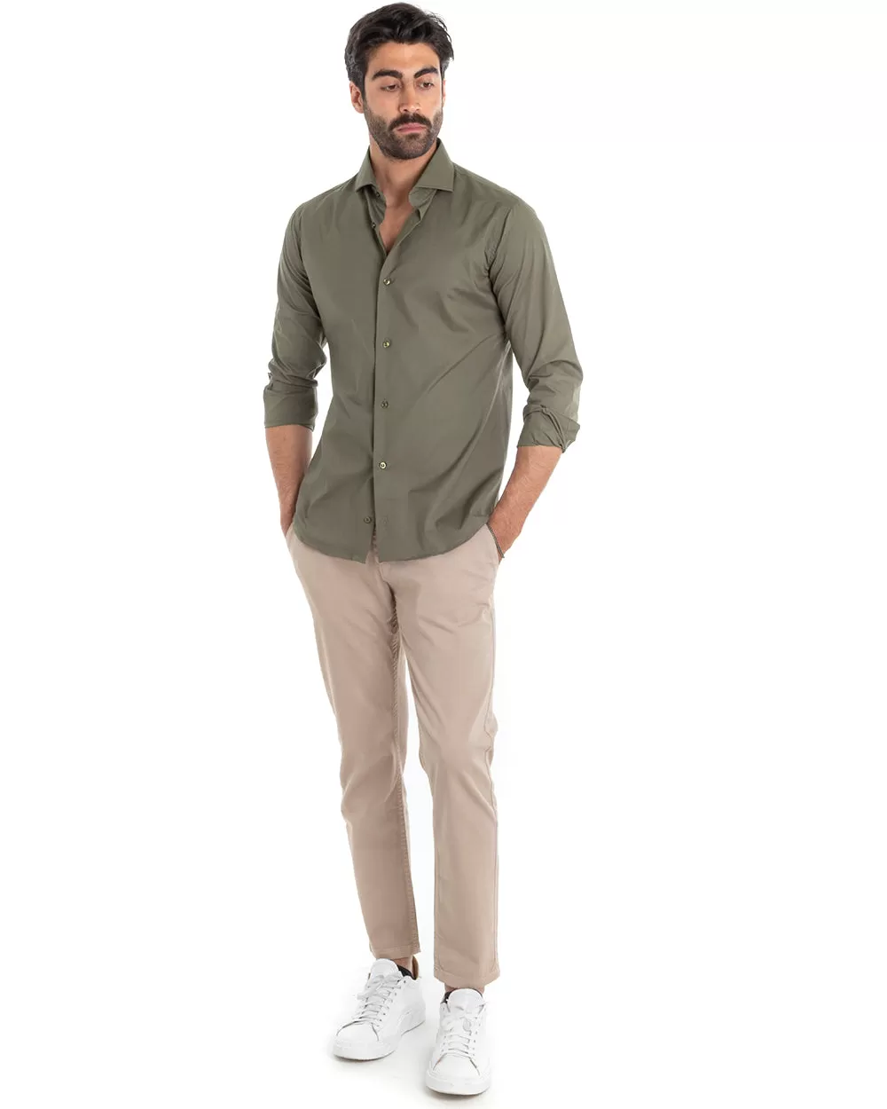 Camicia Uomo Sartoriale Con Colletto Manica Lunga Basic Cotone Morbido Verde Militare Regular Fit GIOSAL-C2401A