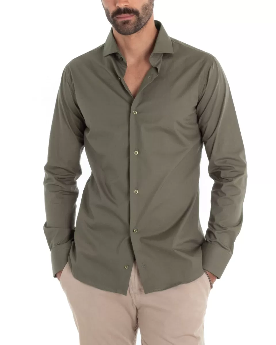 Camicia Uomo Sartoriale Con Colletto Manica Lunga Basic Cotone Morbido Verde Militare Regular Fit GIOSAL-C2401A