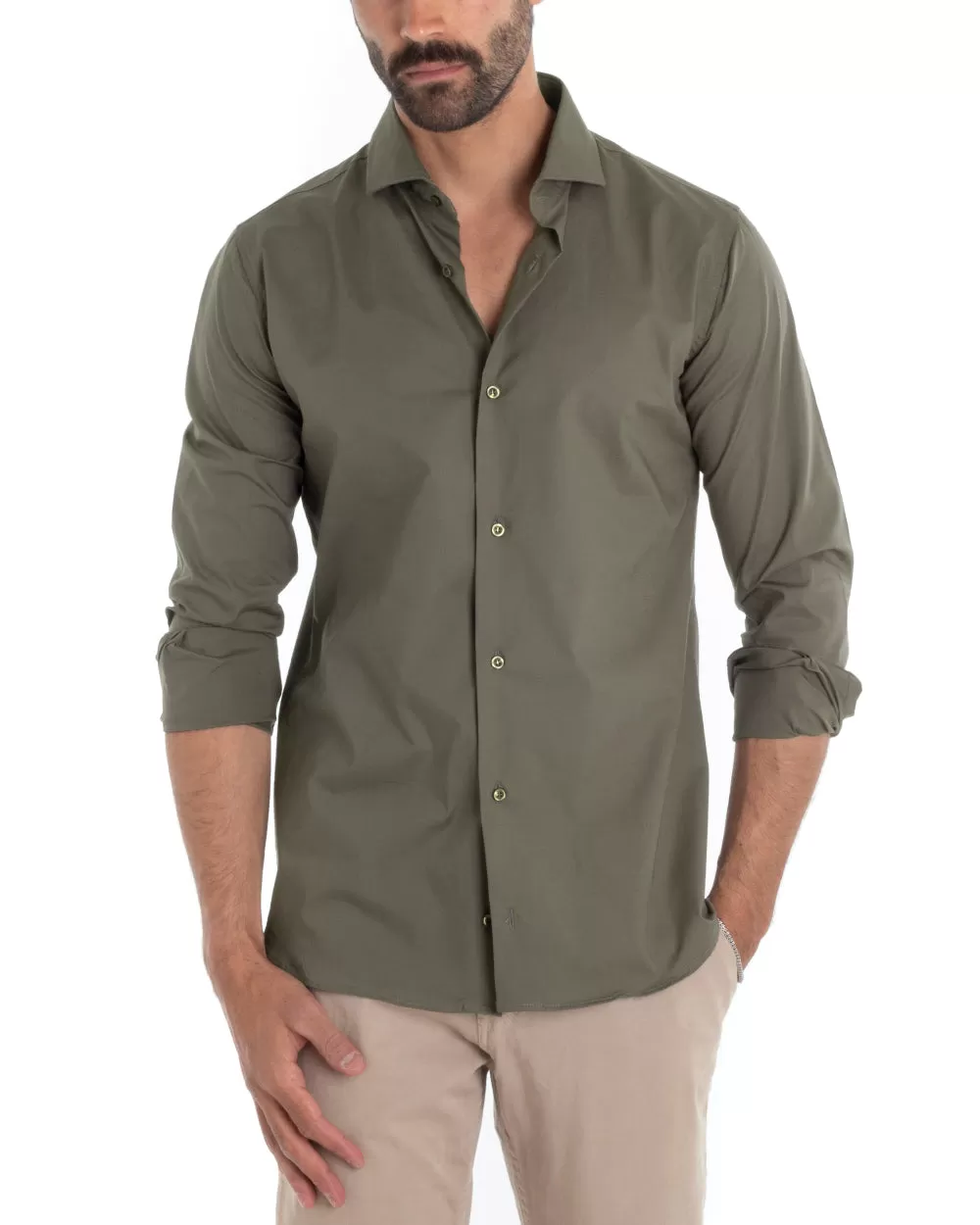 Camicia Uomo Sartoriale Con Colletto Manica Lunga Basic Cotone Morbido Verde Militare Regular Fit GIOSAL-C2401A