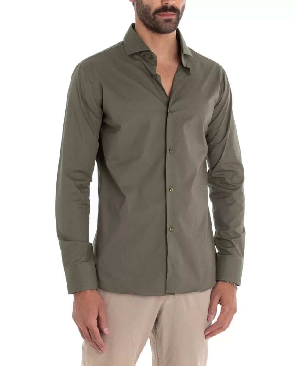 Camicia Uomo Sartoriale Con Colletto Manica Lunga Basic Cotone Morbido Verde Militare Regular Fit GIOSAL-C2401A