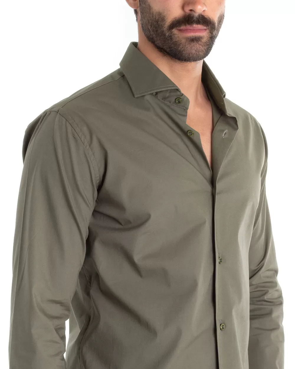 Camicia Uomo Sartoriale Con Colletto Manica Lunga Basic Cotone Morbido Verde Militare Regular Fit GIOSAL-C2401A