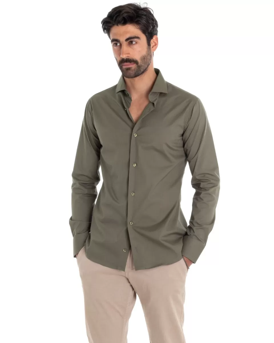 Camicia Uomo Sartoriale Con Colletto Manica Lunga Basic Cotone Morbido Verde Militare Regular Fit GIOSAL-C2401A