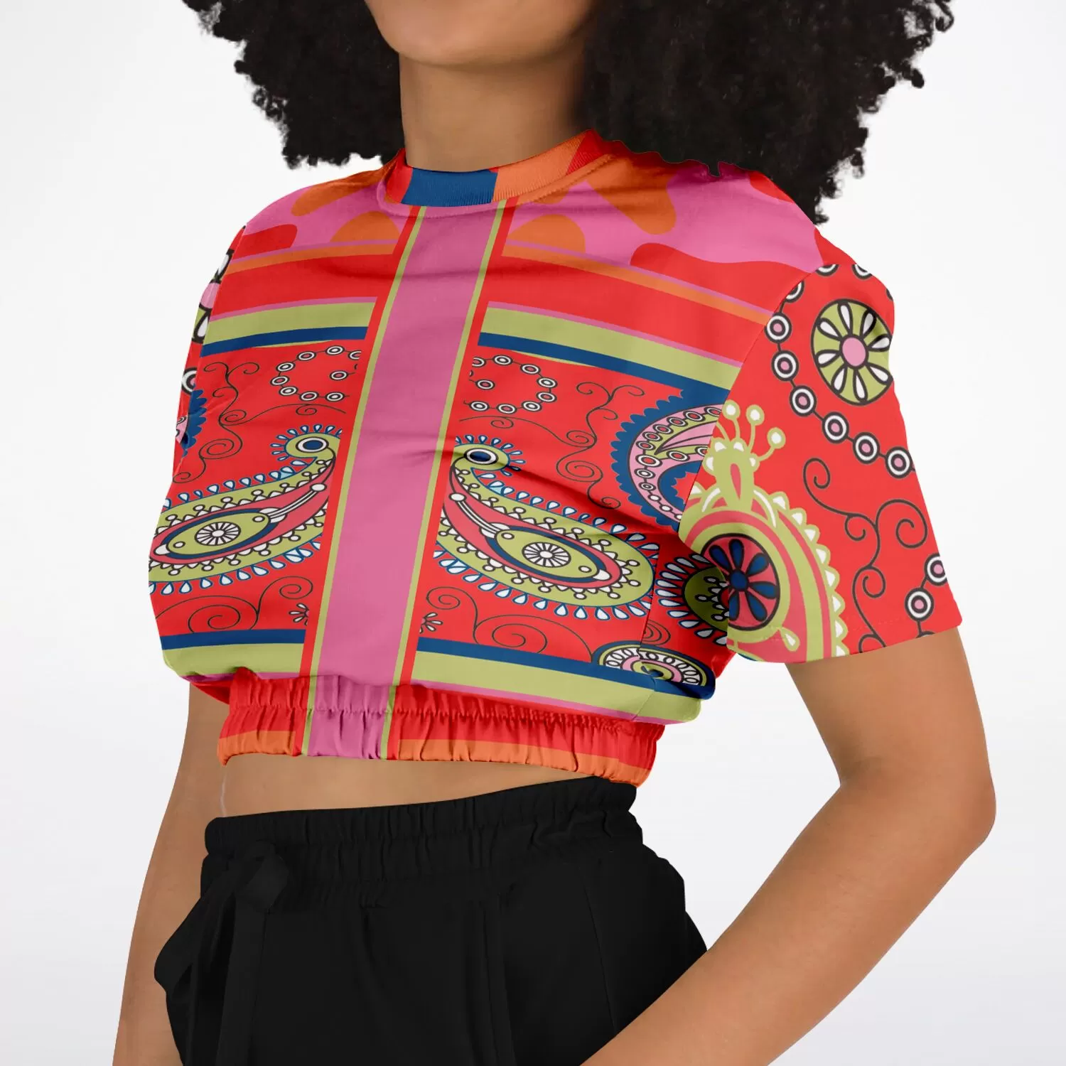 Chili Pepper Camo Paisley Short Sleeve Cropped Eco-Poly Sweater