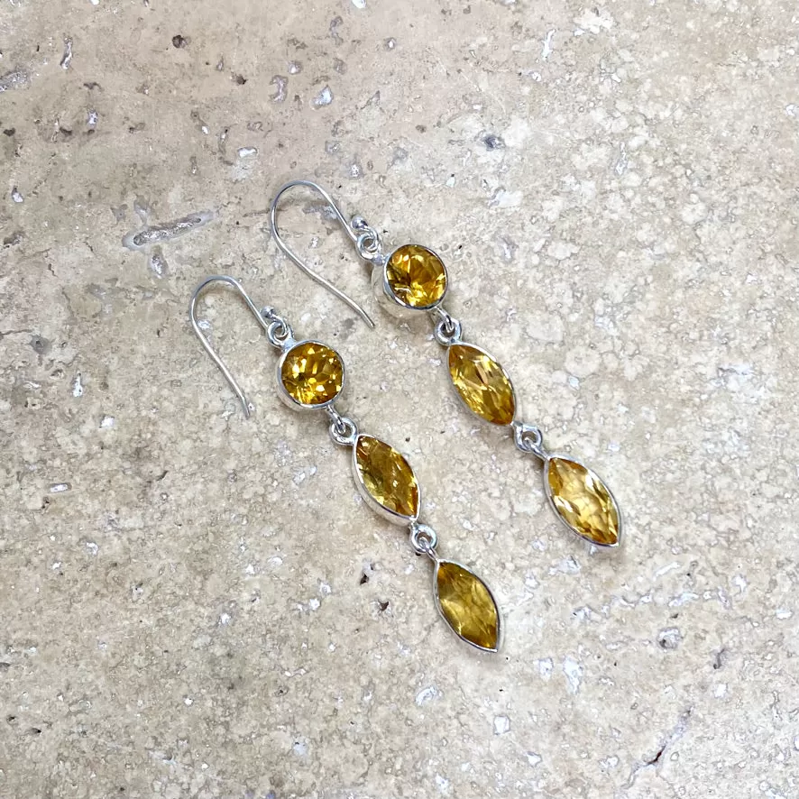 Citrine Earrings with Three Faceted Gemstones- Grace