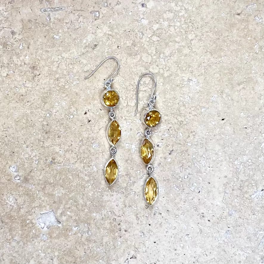 Citrine Earrings with Three Faceted Gemstones- Grace