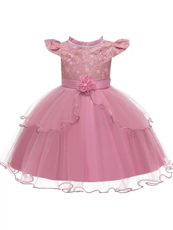 Cute Pink Beaded Flower Girl Dresses Jewel Sleeveless Knee Length Princess Kids Party Dresses