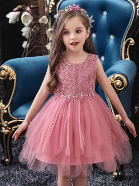 Cute Pink Floral Flower Girl Dresses embroidery Jewel Neck Little Girl Formal Dress