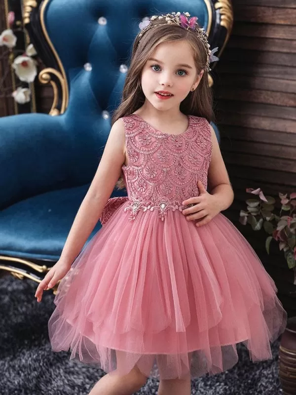 Cute Pink Floral Flower Girl Dresses embroidery Jewel Neck Little Girl Formal Dress