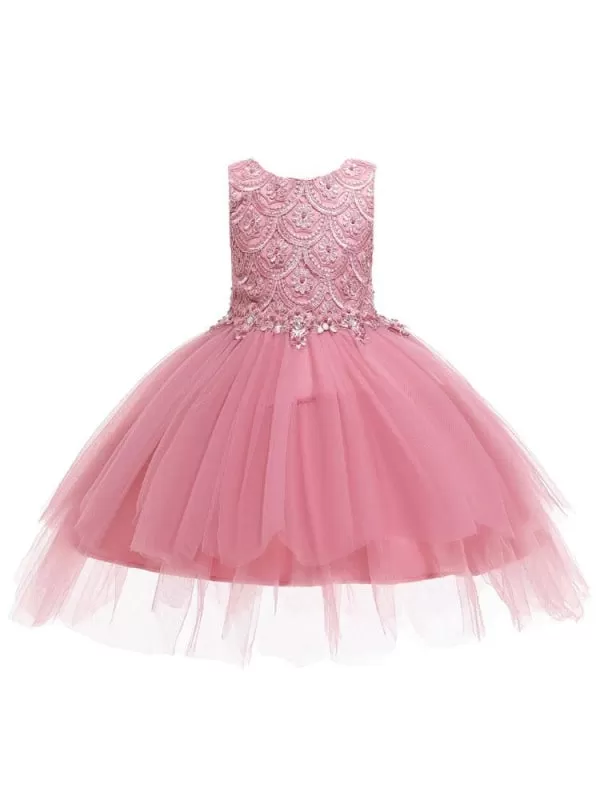 Cute Pink Floral Flower Girl Dresses embroidery Jewel Neck Little Girl Formal Dress