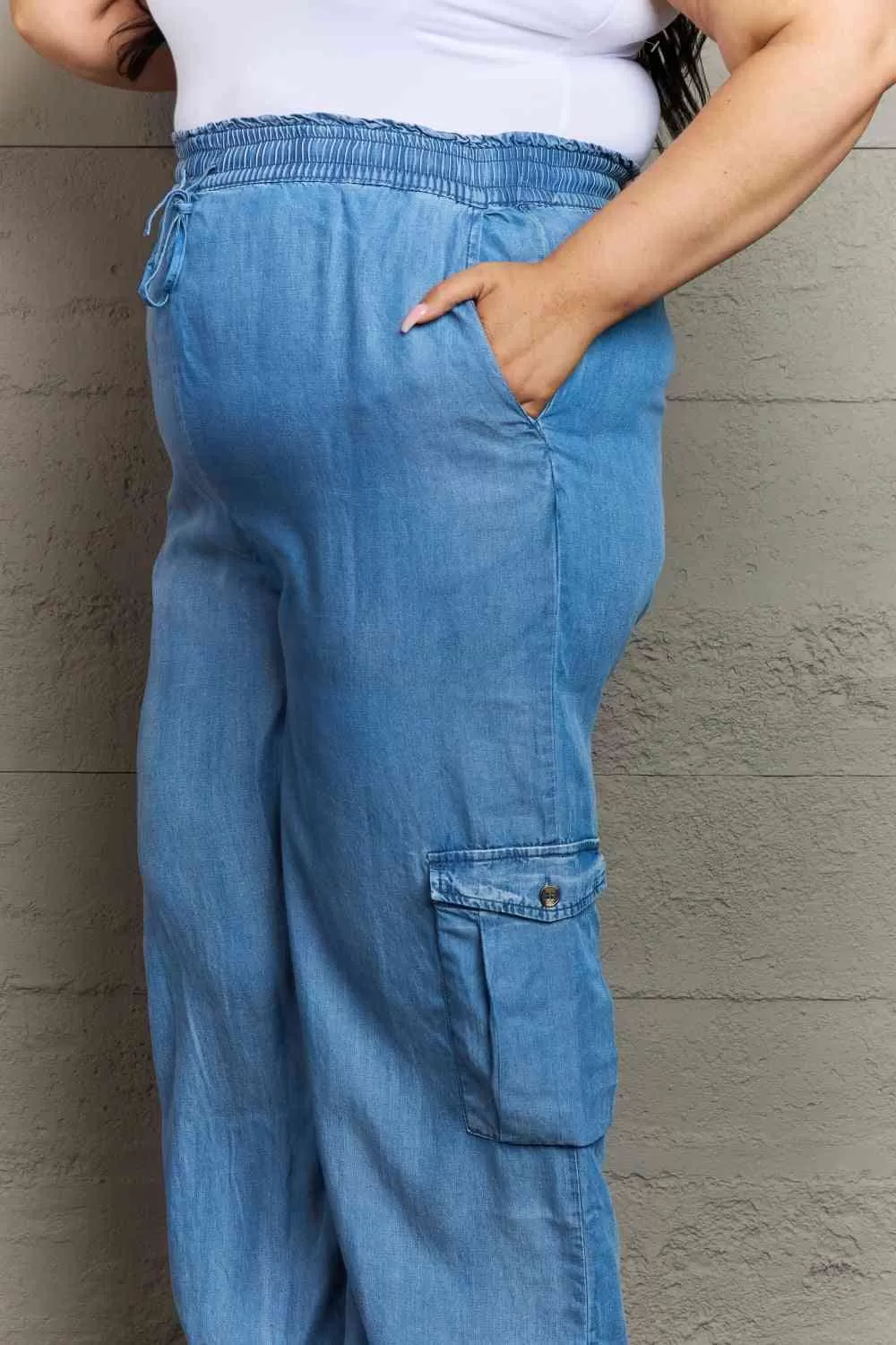 Denim Drawstring Elastic High Waist Cargo Wide Leg Pants