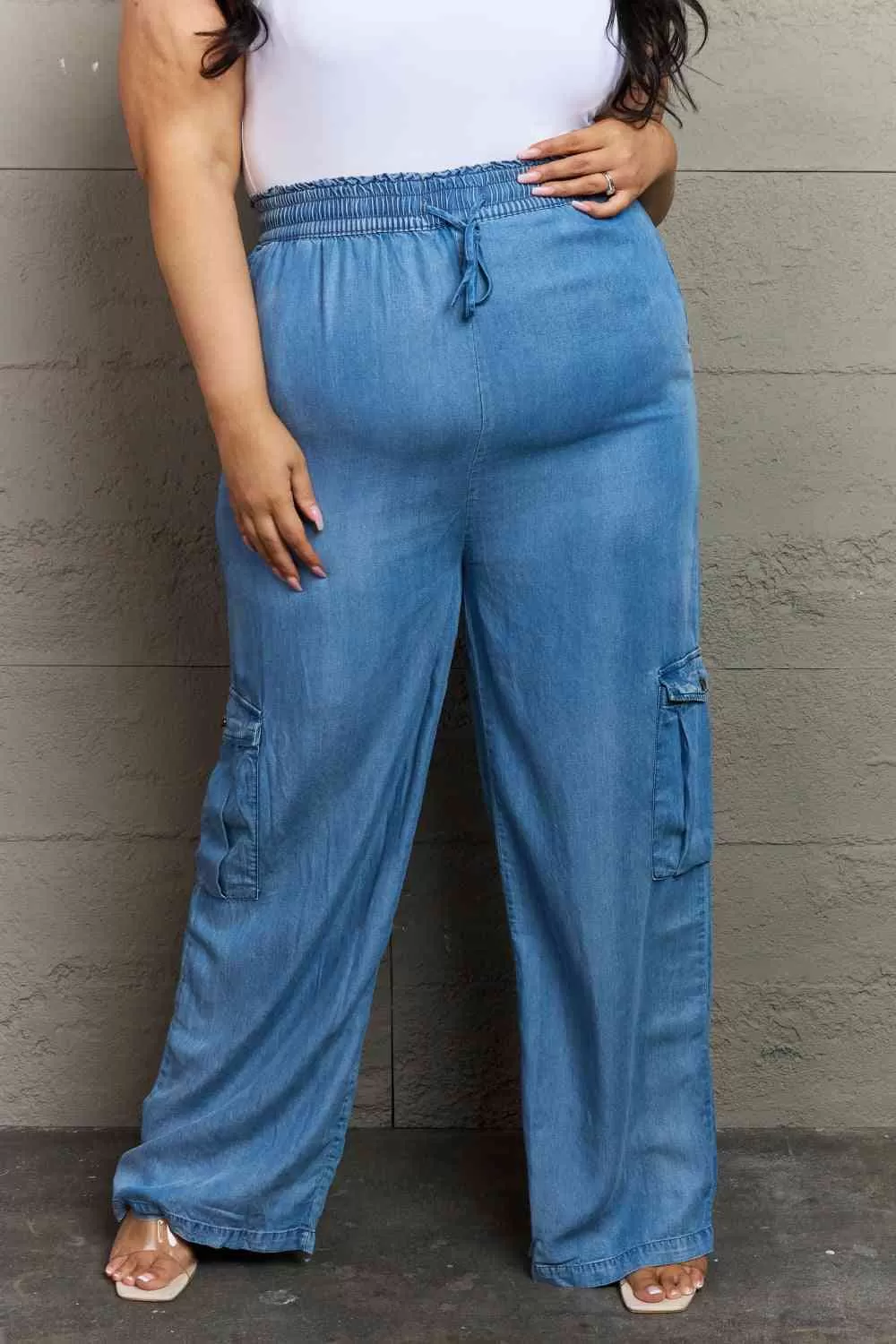 Denim Drawstring Elastic High Waist Cargo Wide Leg Pants