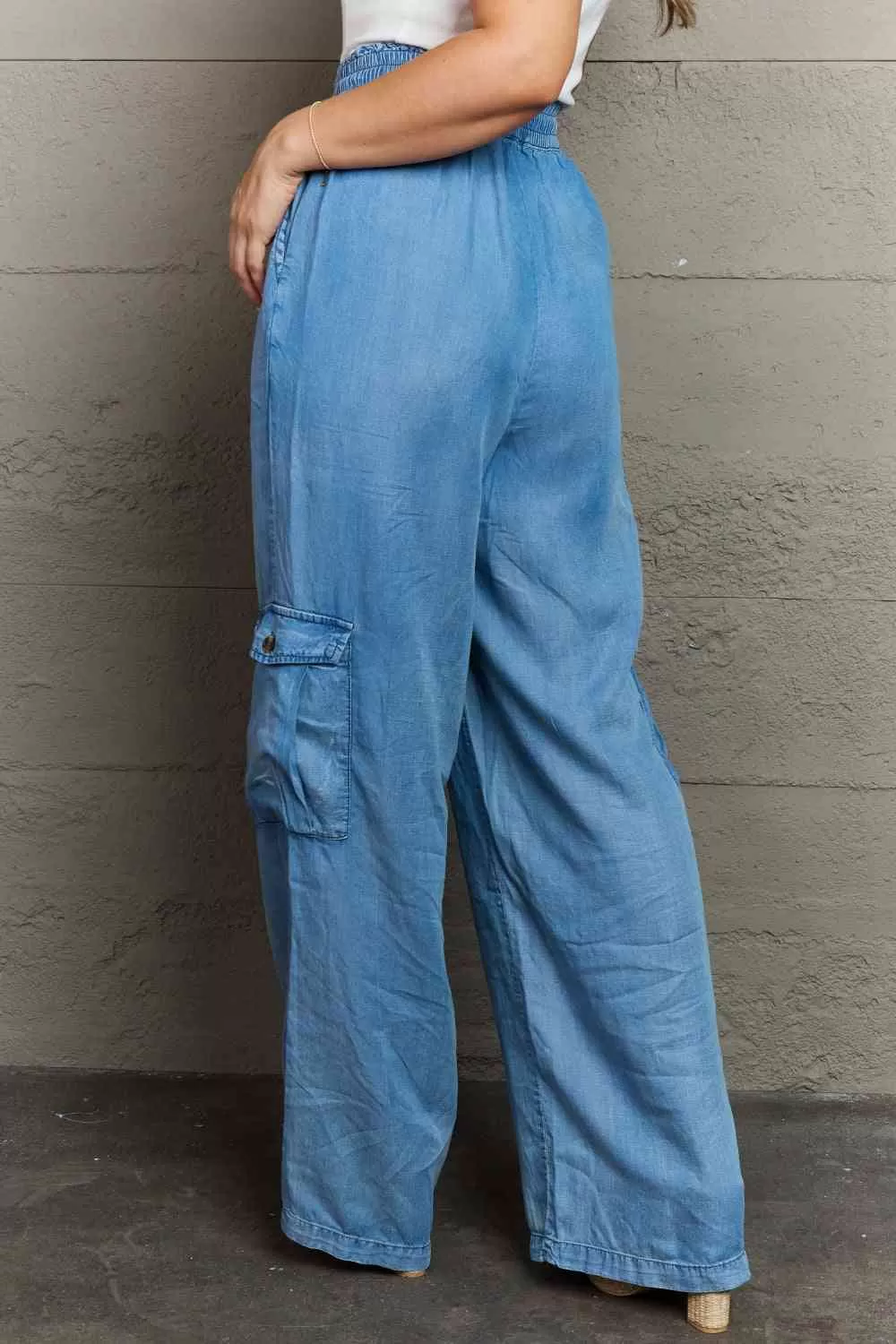 Denim Drawstring Elastic High Waist Cargo Wide Leg Pants