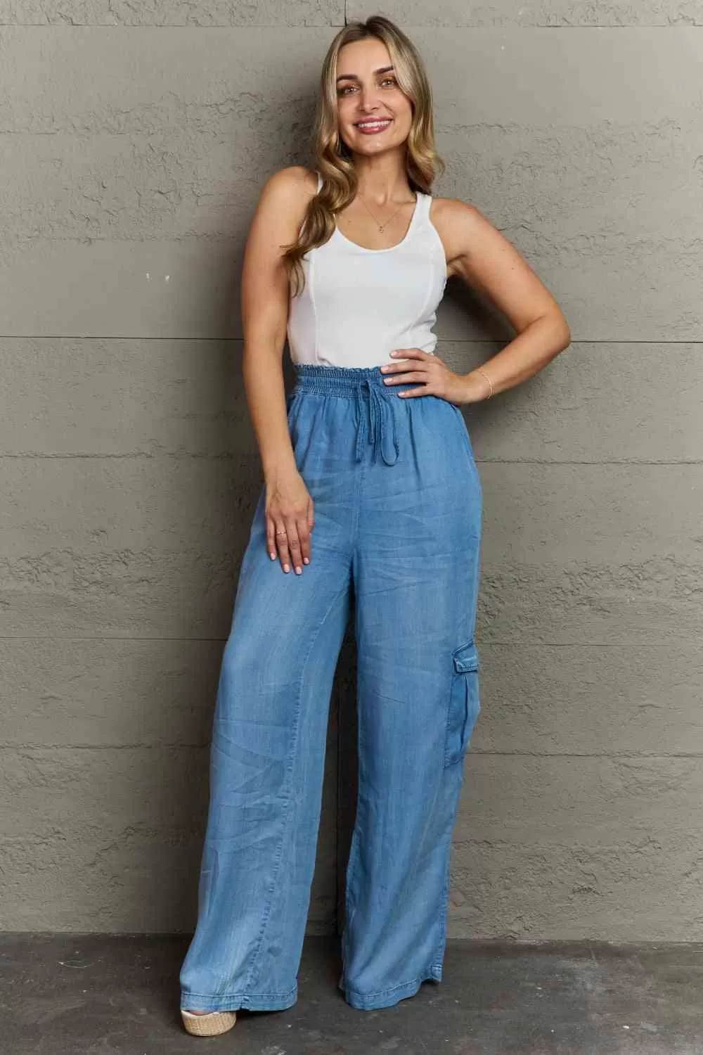 Denim Drawstring Elastic High Waist Cargo Wide Leg Pants