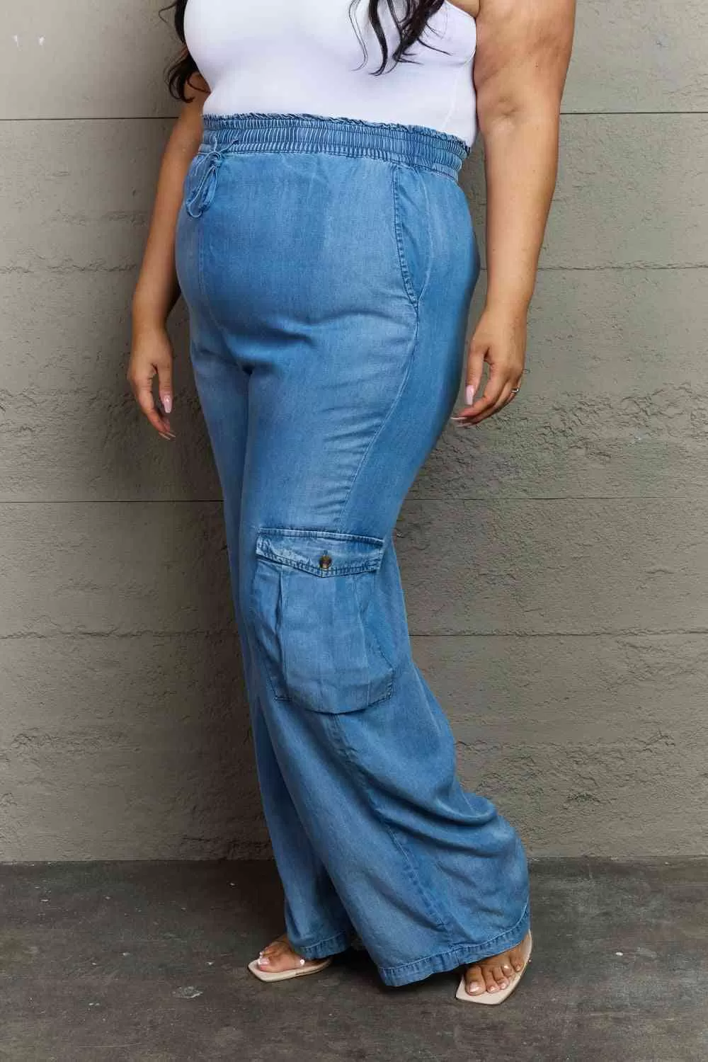 Denim Drawstring Elastic High Waist Cargo Wide Leg Pants