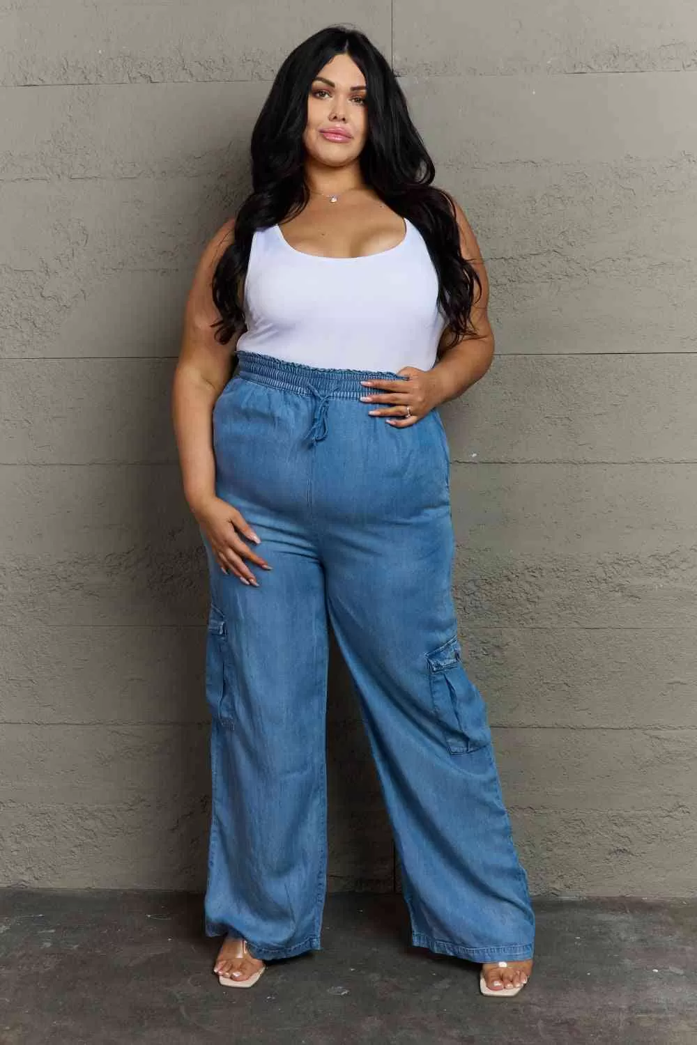 Denim Drawstring Elastic High Waist Cargo Wide Leg Pants