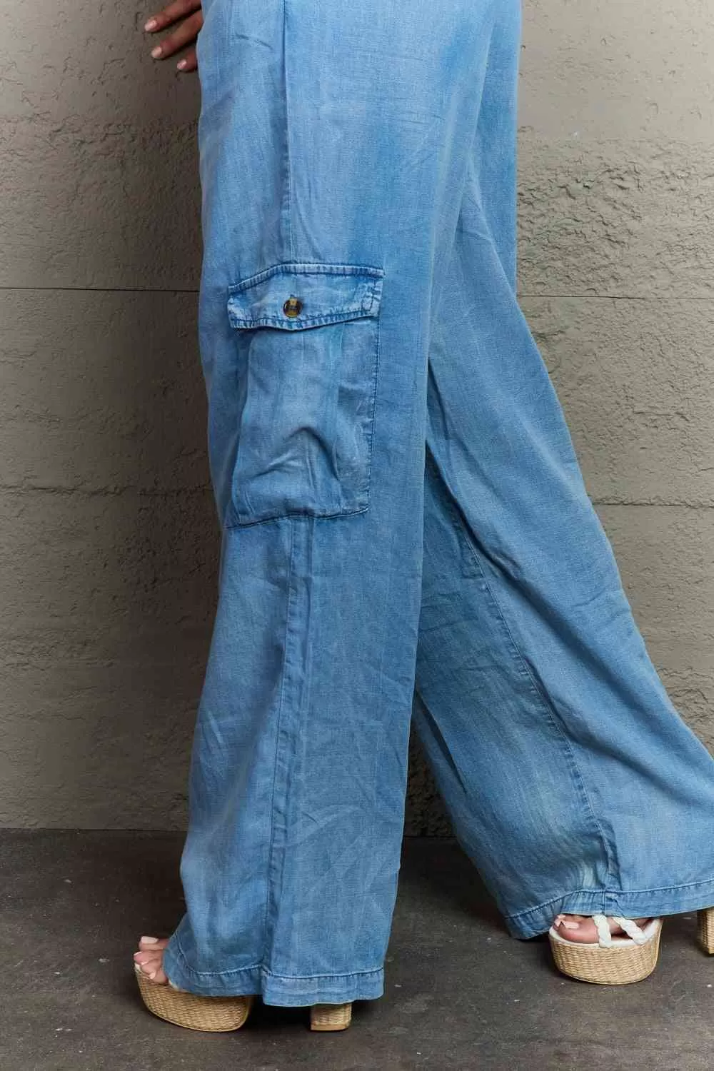 Denim Drawstring Elastic High Waist Cargo Wide Leg Pants