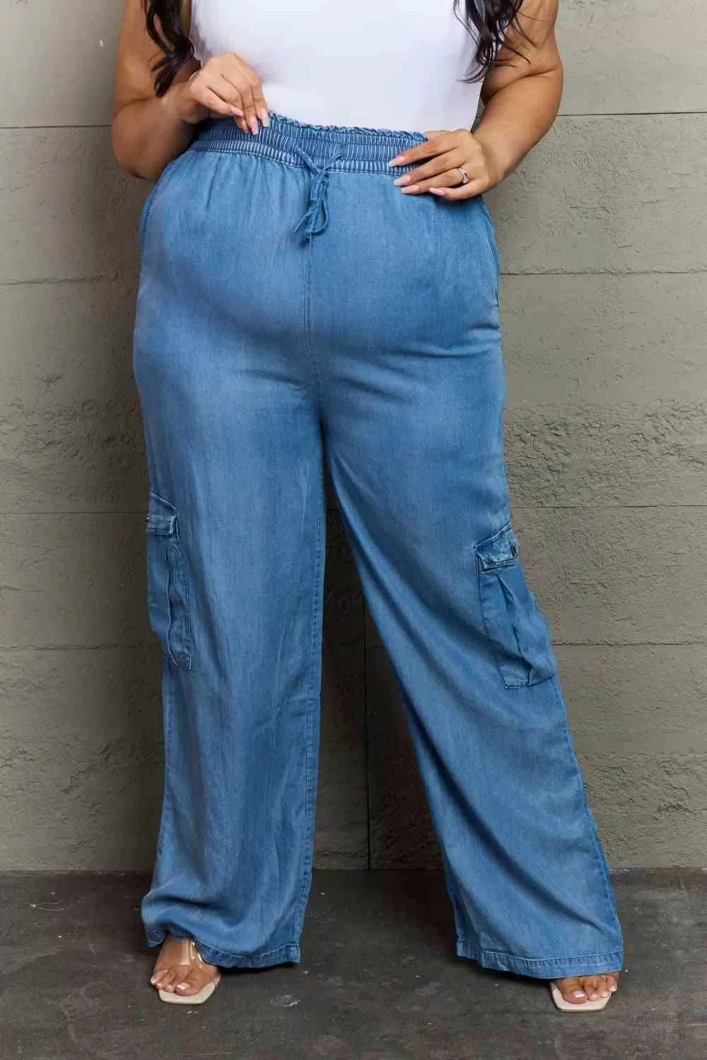 Denim Drawstring Elastic High Waist Cargo Wide Leg Pants