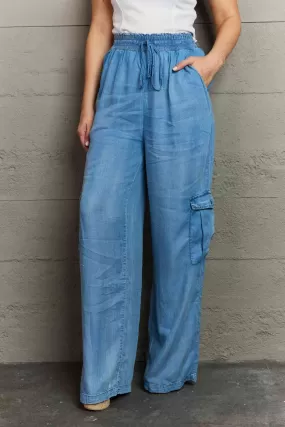 Denim Drawstring Elastic High Waist Cargo Wide Leg Pants