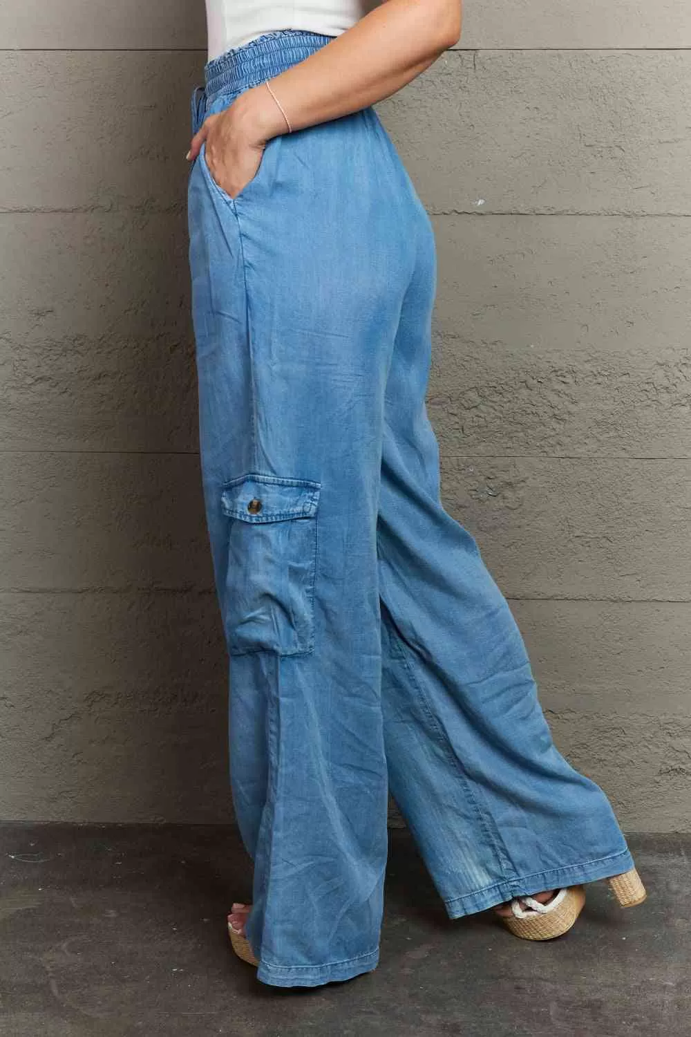 Denim Drawstring Elastic High Waist Cargo Wide Leg Pants