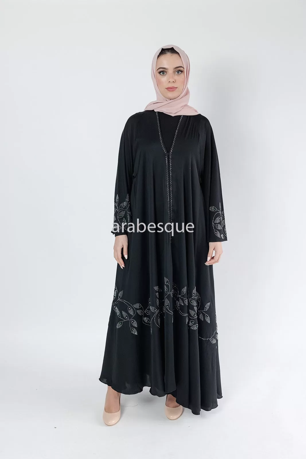 Diamante Leaf Detail Umbrella Cut Open Abaya