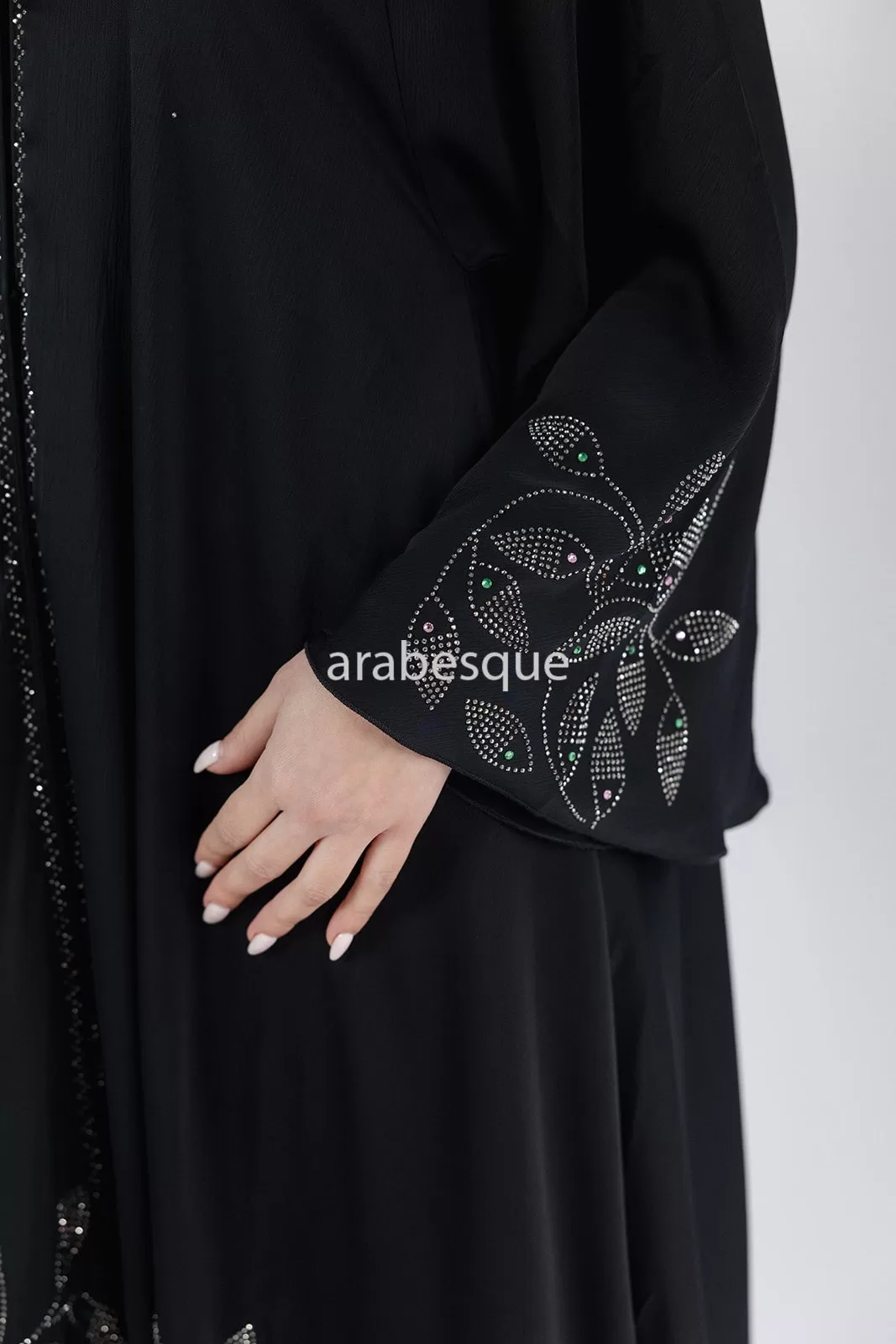 Diamante Leaf Detail Umbrella Cut Open Abaya