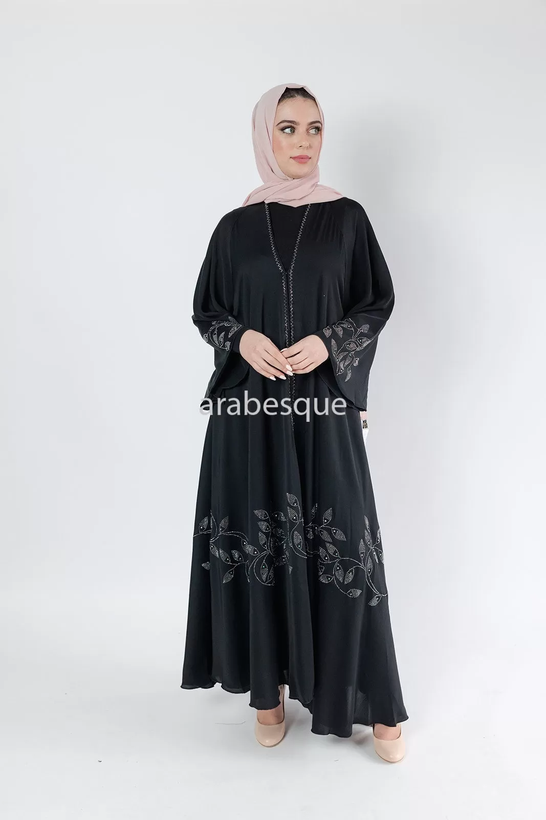 Diamante Leaf Detail Umbrella Cut Open Abaya