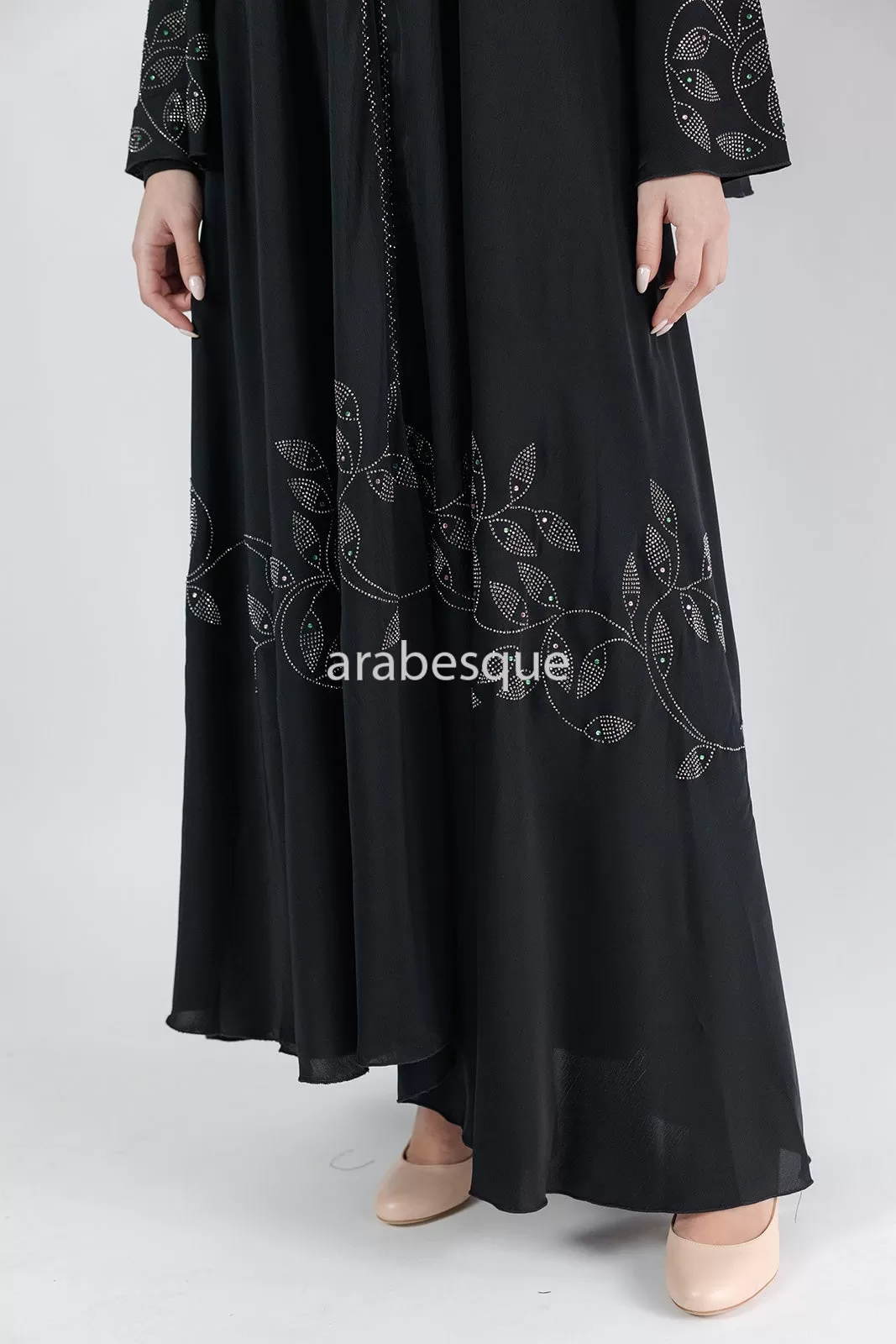 Diamante Leaf Detail Umbrella Cut Open Abaya