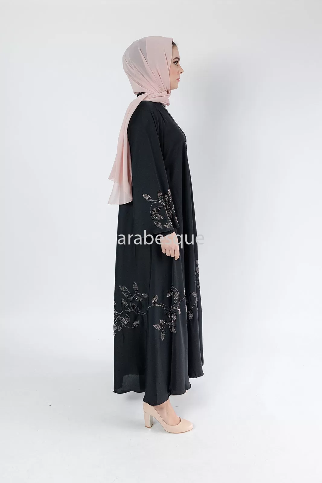 Diamante Leaf Detail Umbrella Cut Open Abaya