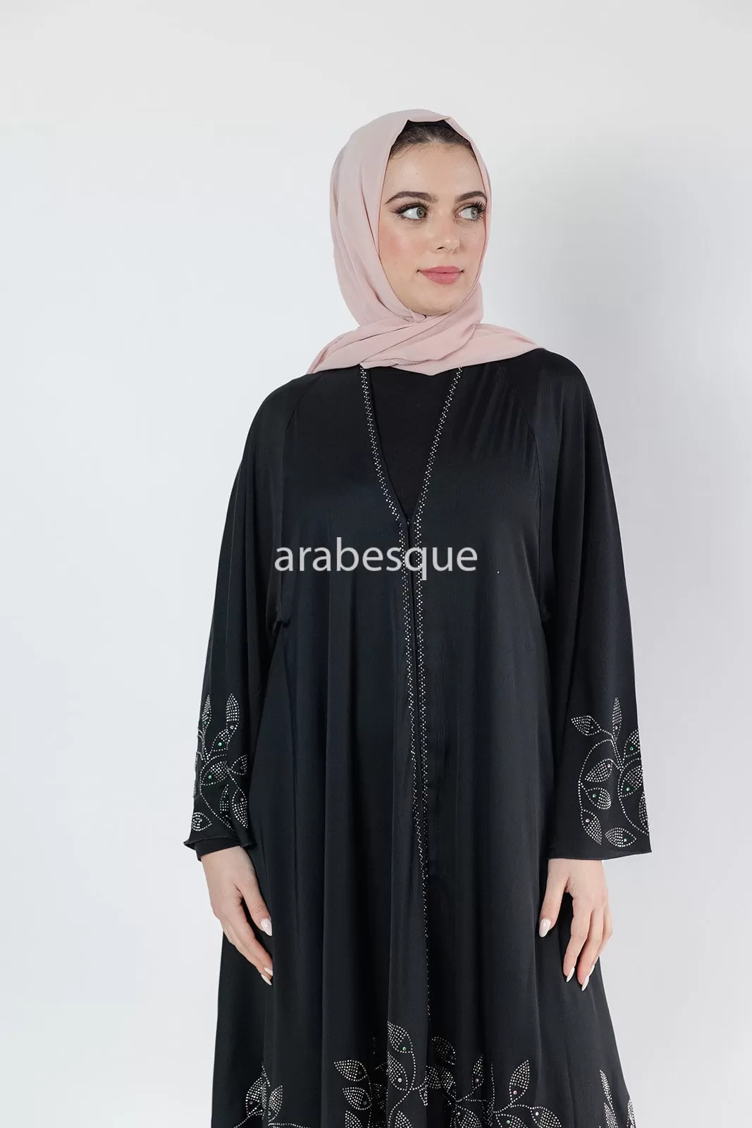 Diamante Leaf Detail Umbrella Cut Open Abaya