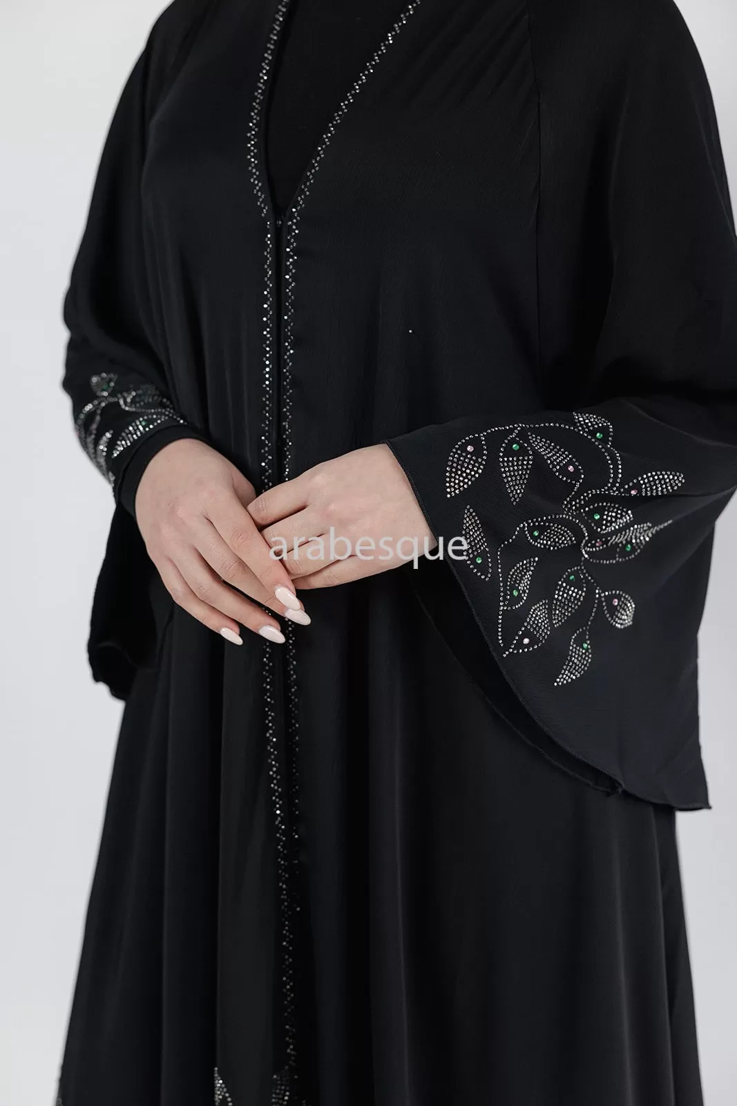 Diamante Leaf Detail Umbrella Cut Open Abaya