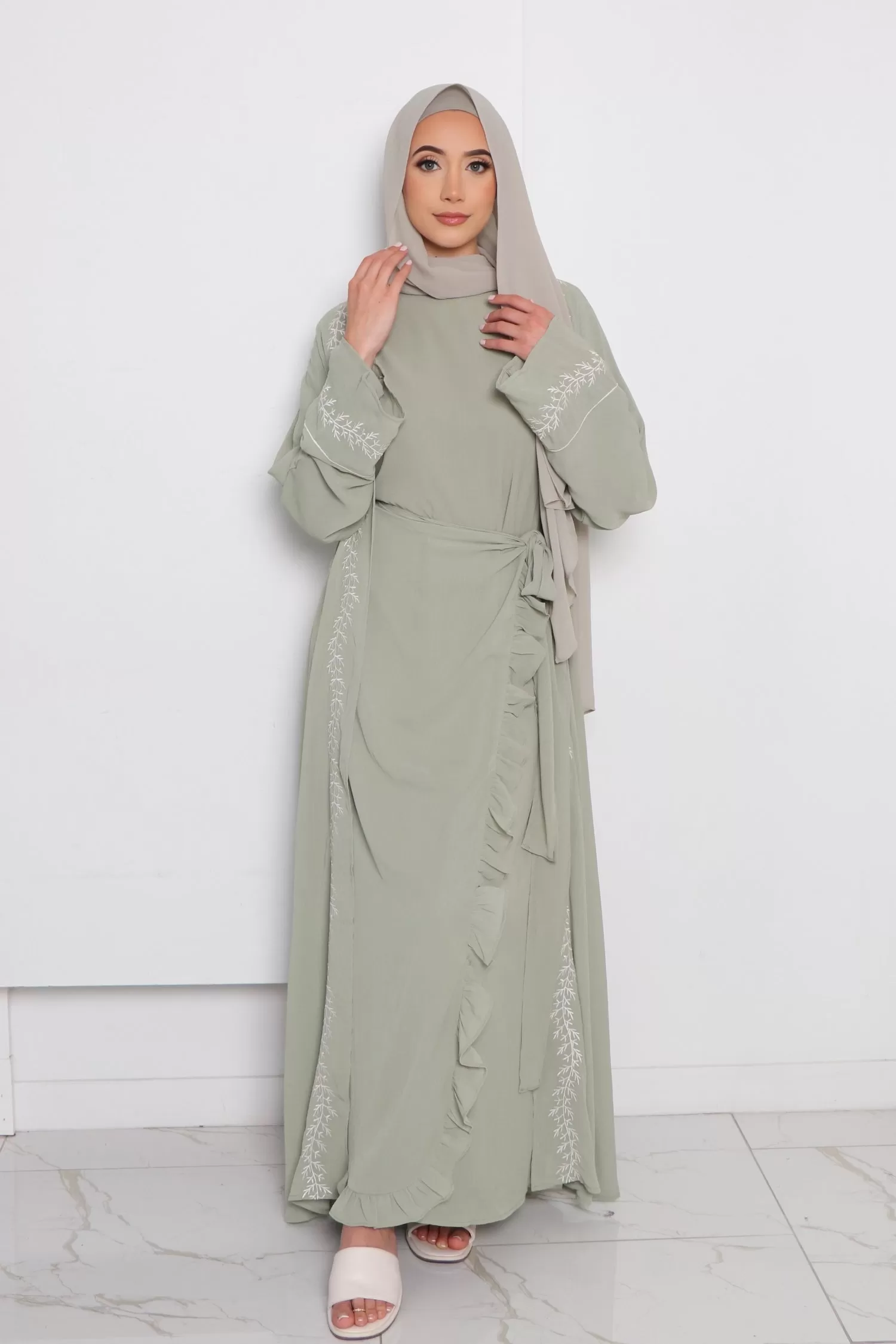 Dina Embroidery Abaya Set- Sage