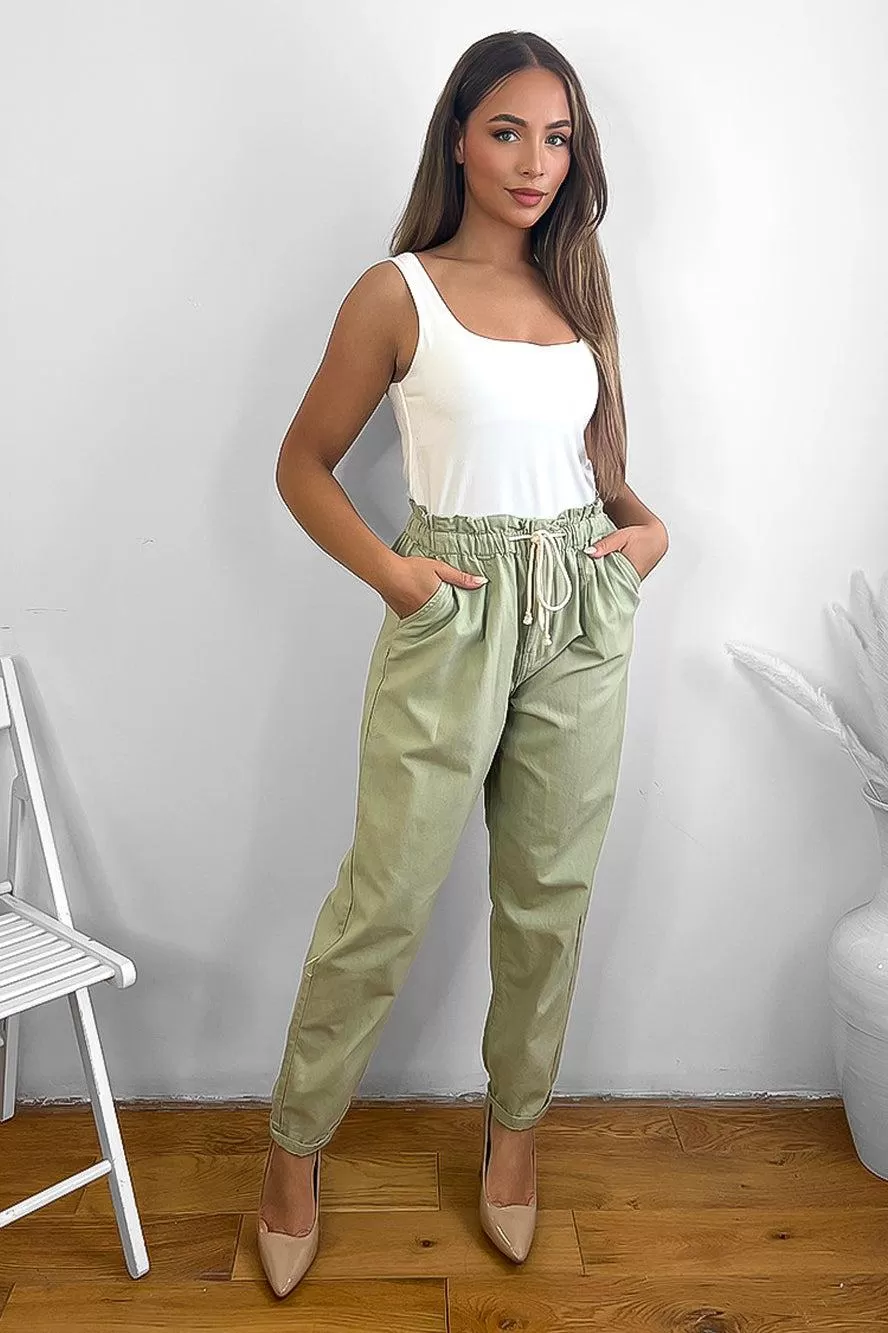 Elastic Drawstring Waist Cotton Slacks