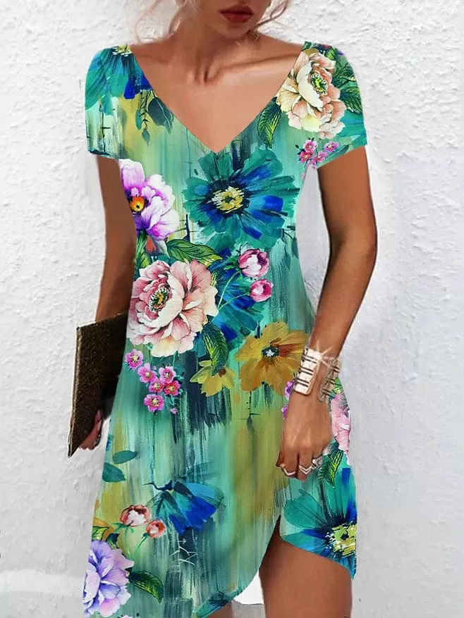 Elegant Floral V Neck Mini Dress for Women - White, Light Green, Royal Blue