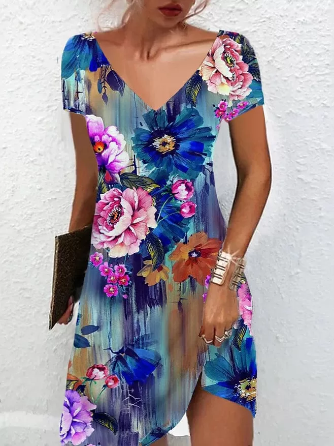 Elegant Floral V Neck Mini Dress for Women - White, Light Green, Royal Blue