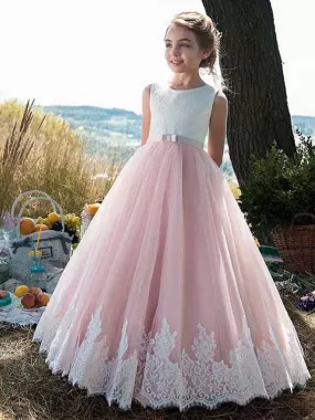 Elegant Sleeveless A-line Long Flower Girl Dresses Pink Tulle Lace Princess Dress for Kids