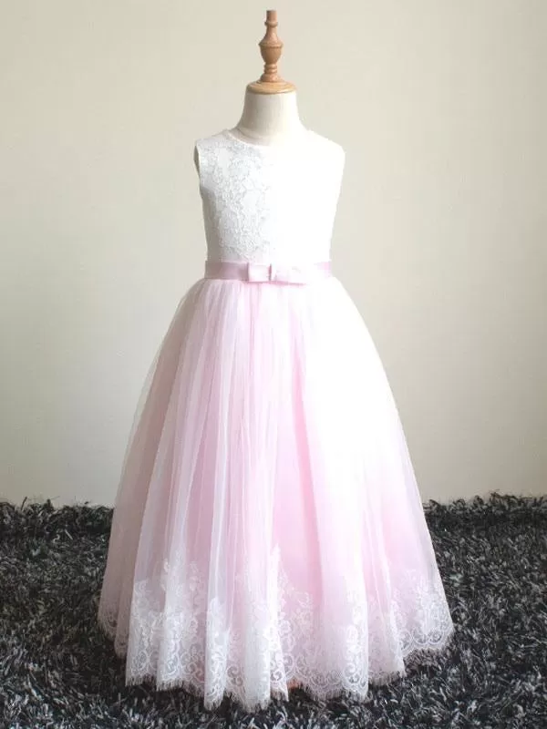 Elegant Sleeveless A-line Long Flower Girl Dresses Pink Tulle Lace Princess Dress for Kids