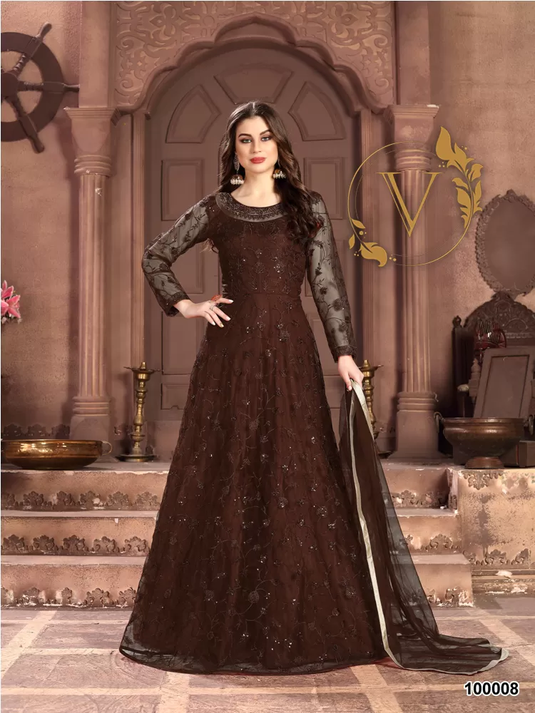 Embroidered Net Abaya Style Suit in Brown