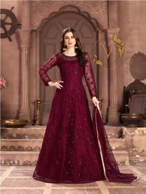 Embroidered Net Abaya Style Suit in Maroon