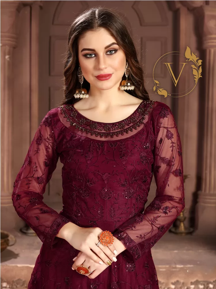 Embroidered Net Abaya Style Suit in Maroon