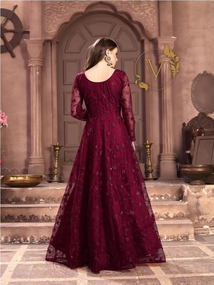 Embroidered Net Abaya Style Suit in Maroon