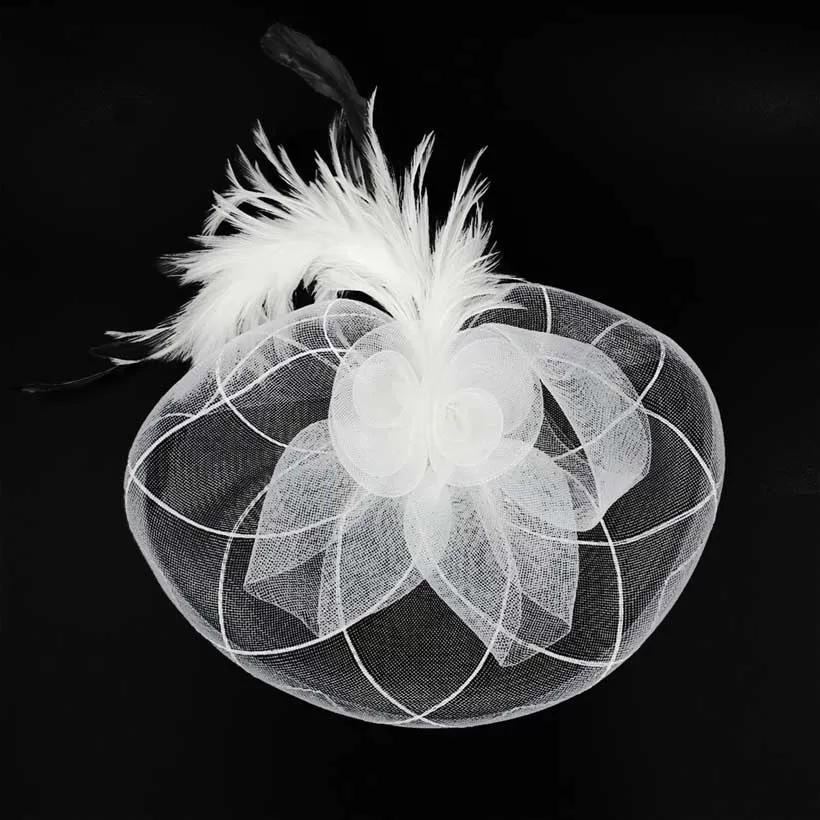 Feather Pearl Cluster Mesh Flower Fascinator Headband